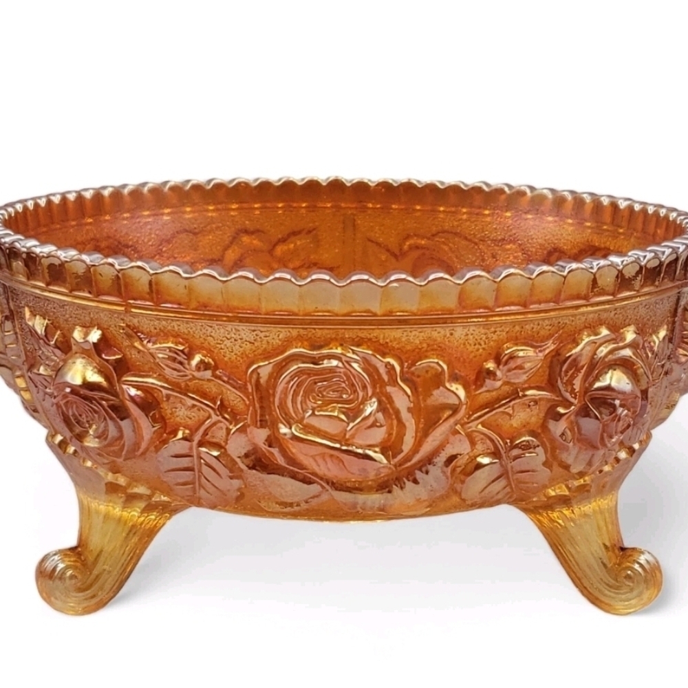 Vintage Imperial Carnival Glass High Relief Lustre Rose Marigold Footed Bowl